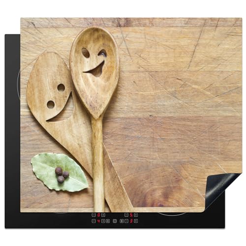 KitchenYeah© Herdabdeckplatte Einteilig Küche Herdabdeckung Induktionsfeld Ceranfeld Herdabdeckplatten Vinyl Matte Aufrollbar Holz - Löffel - Braun - Smiley - 59x51 cm von KitchenYeah