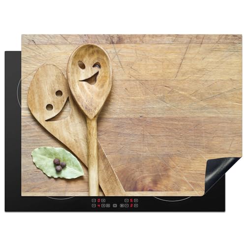 KitchenYeah© Herdabdeckplatte Einteilig Küche Herdabdeckung Ceranfeld Herdabdeckplatten Vinyl Matte Aufrollbar Holz - Löffel - Braun - Smiley - 70x52 cm von KitchenYeah