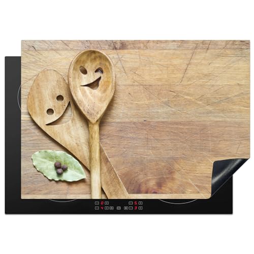 KitchenYeah© Herdabdeckplatte Einteilig Küche Herdabdeckung Induktionsfeld Ceranfeld Herdabdeckplatten Vinyl Matte Aufrollbar Holz - Löffel - Braun - Smiley - 75x52 cm von KitchenYeah
