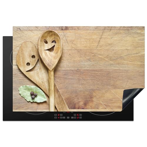 KitchenYeah© Herdabdeckplatte Einteilig Küche Herdabdeckung Induktionsfeld Ceranfeld Herdabdeckplatten Vinyl Matte Aufrollbar Holz - Löffel - Braun - Smiley - 81.6x52.7 cm von KitchenYeah