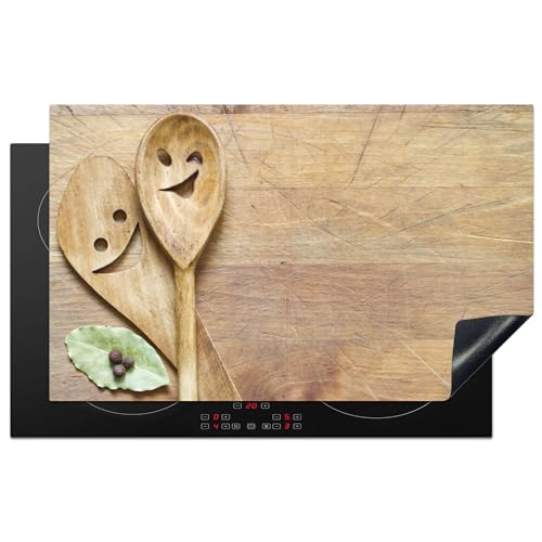 KitchenYeah© Herdabdeckplatte Einteilig Küche Herdabdeckung Ceranfeld Herdabdeckplatten Vinyl Matte Aufrollbar Holz - Löffel - Braun - Smiley - 83x51 cm von KitchenYeah