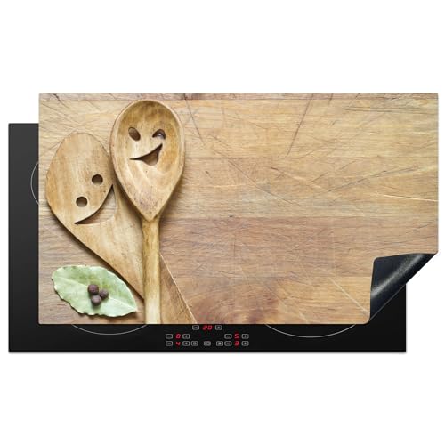 KitchenYeah© Herdabdeckplatte Einteilig Küche Herdabdeckung Ceranfeld Herdabdeckplatten Vinyl Matte Aufrollbar Holz - Löffel - Braun - Smiley - 91.6x52.7 cm von KitchenYeah