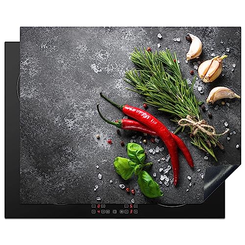 KitchenYeah© Herdabdeckplatte Einteilig Küche Ceranfeld Abdeckplatte Cerankochfeld Abdeckung Induktionskochfeld Schutzmatte Pfeffer - Kräuter - Gewürze - Beton - 65x52 cm von KitchenYeah