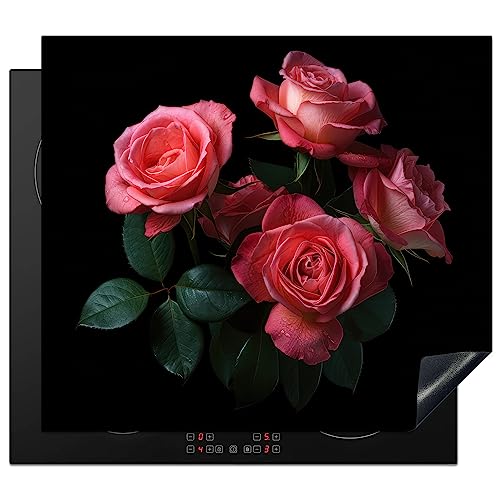 KitchenYeah© Herdabdeckplatte Einteilig Küche Kochfeld Abdeckung Ceranfeld Herdplattenabdeckung Aufrollbare Matte Rosen - Rosa - Blumen - Natur - Schwarz - Pink - 58x51 cm von KitchenYeah