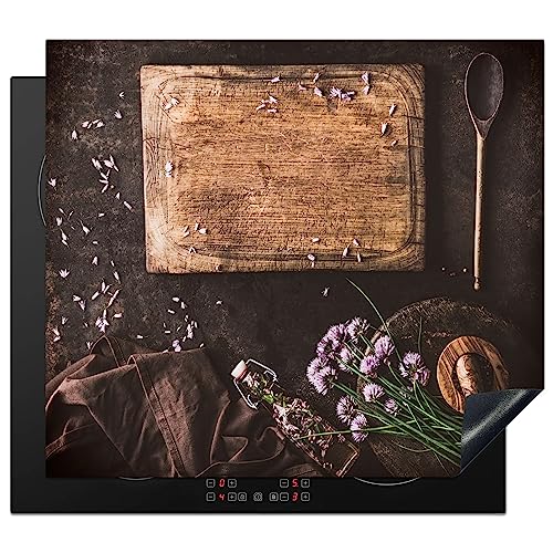 KitchenYeah© Herdabdeckplatte Einteilig Abdeckplatten Cerankochfeld Abdeckung Ceranfeld Herdplattenabdeckung Induktionsmatte Schneidebrett - Kräuter - Löffel - Mörser - Schnittlauch - 58x51 cm von KitchenYeah