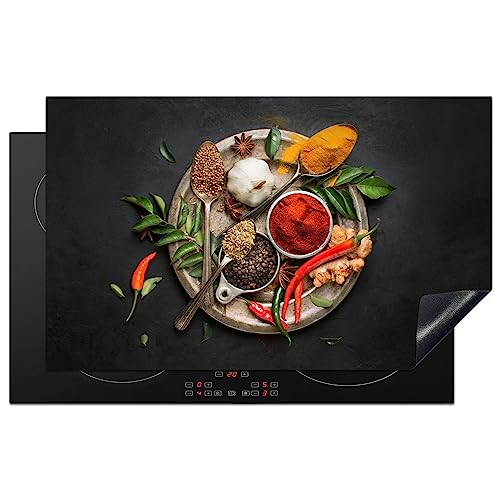 KitchenYeah© Herdabdeckplatte Einteilig Küche Abdeckplatten für Herd Abdeckung Induktionskochfeld Ceranfeld Aufrollbare Matte Gewürze - Paprika - Löffel - Kräuter - Gemüse - 83x51 cm von KitchenYeah