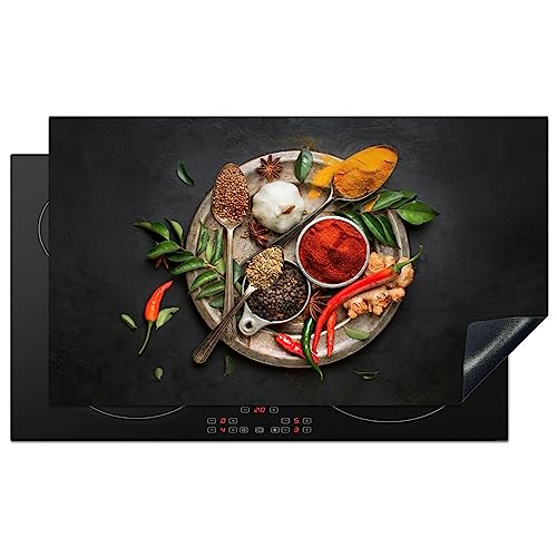 KitchenYeah© Herdabdeckplatte Einteilig Küche Abdeckplatten für Herd Abdeckung Induktionskochfeld Ceranfeld Aufrollbare Matte Gewürze - Paprika - Löffel - Kräuter - Gemüse - 91.2x52 cm von KitchenYeah