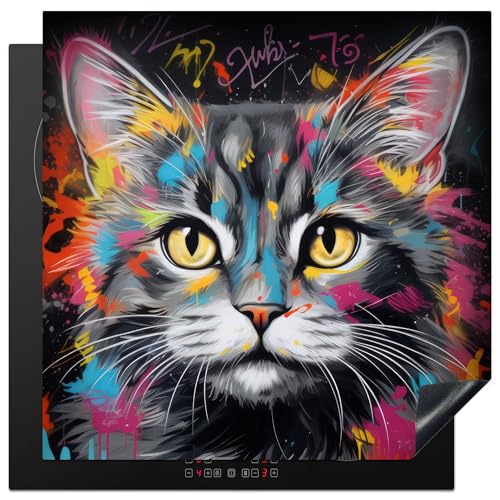 KitchenYeah© Herdabdeckplatte Induktion Schutzmatte Küche Herdabdeckung Ceranfeld Induktionsmatte Cerankochfeld Abdeckung Katze - Graffiti - Tiere - Farben - Grau - 78x78 cm von KitchenYeah