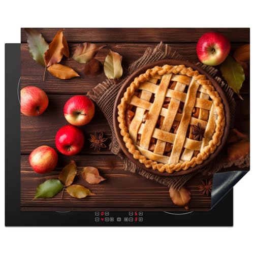 KitchenYeah© Herdabdeckplatte Einteilig Herdabdeckung Abdeckplatte für Ceranfeld Abdeckung Induktionskochfeld Aufrollbare Matte Apfelkuchen - Blätter - Herbst - Äpfel - Holzdruck - 65x52 cm von KitchenYeah