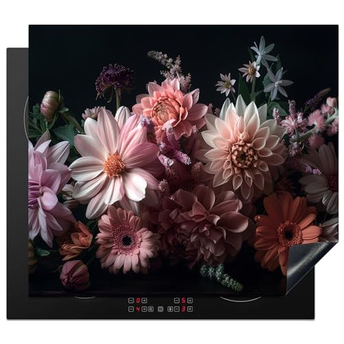 KitchenYeah© Herdabdeckplatte Einteilig Herdabdeckung Abdeckplatte für Ceranfeld Abdeckung Induktionskochfeld Aufrollbare Matte Blumen - Natur - Rosa - Schwarz - Dahlie - 60x52 cm von KitchenYeah