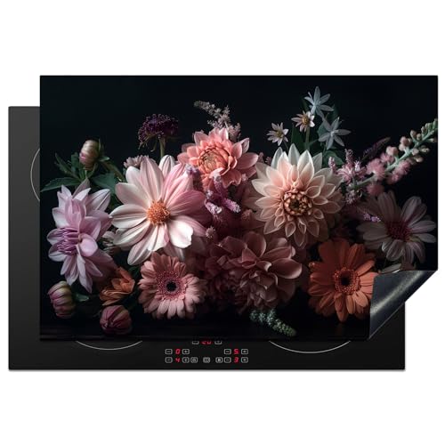 KitchenYeah© Herdabdeckplatte Induktion Schutzmatte Küche Herdabdeckung Cerankochfeld abdeckung Vinyl Matte Aufrollbar Blumen - Natur - Rosa - Schwarz - Dahlie - 76x51 cm von KitchenYeah