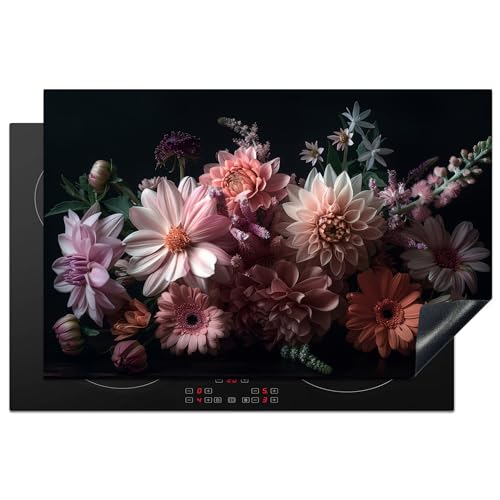 KitchenYeah© Herdabdeckplatte Induktion Schutzmatte Küche Herdabdeckung Cerankochfeld abdeckung Vinyl Matte Aufrollbar Blumen - Natur - Rosa - Schwarz - Dahlie - 80x52 cm von KitchenYeah