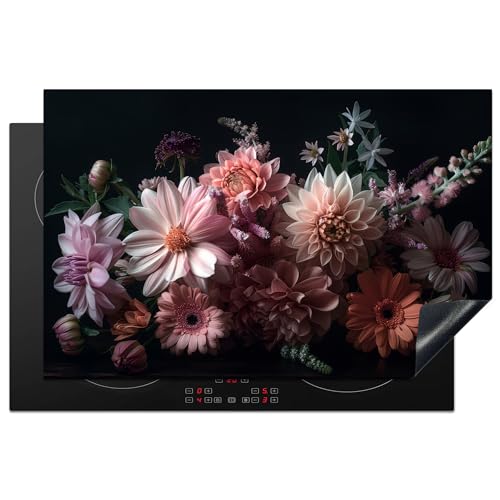 KitchenYeah© Herdabdeckplatte Einteilig Herdabdeckung Abdeckplatte für Ceranfeld Abdeckung Induktionskochfeld Aufrollbare Matte Blumen - Natur - Rosa - Schwarz - Dahlie - 80x52 cm von KitchenYeah