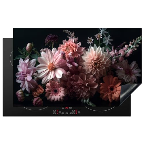 KitchenYeah© Herdabdeckplatte Induktion Schutzmatte Küche Herdabdeckung Cerankochfeld abdeckung Vinyl Matte Aufrollbar Blumen - Natur - Rosa - Schwarz - Dahlie - 85x52 cm von KitchenYeah