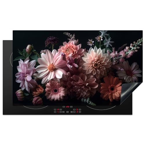 KitchenYeah© Herdabdeckplatte Induktion Schutzmatte Küche Herdabdeckung Cerankochfeld abdeckung Vinyl Matte Aufrollbar Blumen - Natur - Rosa - Schwarz - Dahlie - 90x52 cm von KitchenYeah