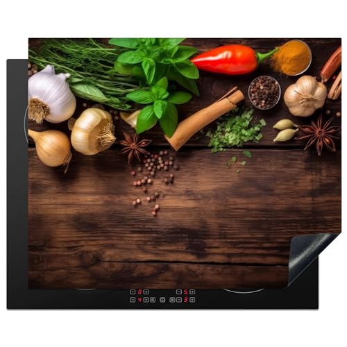 KitchenYeah© Herdabdeckplatte Induktion Schutzmatte Küche Herdabdeckung Cerankochfeld abdeckung Vinyl Matte Aufrollbar Knoblauch - Kräuter - Gemüse - Gewürze - Holzdruck - Stilleben - 65x52 cm von KitchenYeah