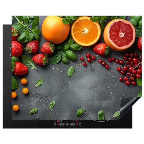 KitchenYeah© Herdabdeckplatte 65x52 cm Induktion Schutzmatte Küche Herdabdeckung Ceranfeld Induktionsmatte Cerankochfeld Abdeckung Obst - Beton - Orange - Erdbeere von KitchenYeah