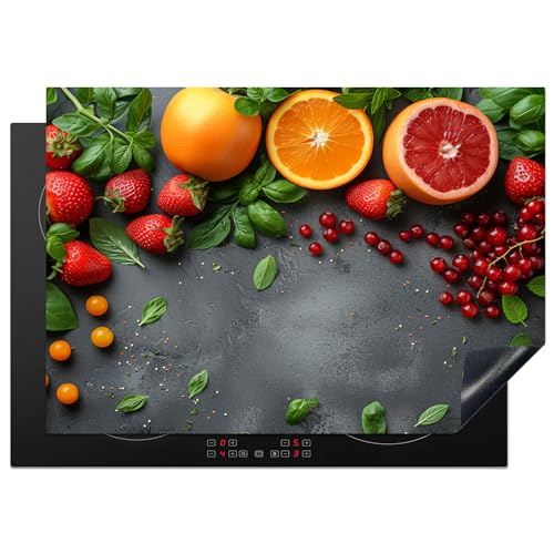 KitchenYeah© Herdabdeckplatte 75x52 cm Induktion Schutzmatte Küche Herdabdeckung Ceranfeld Induktionsmatte Cerankochfeld Abdeckung Obst - Beton - Orange - Erdbeere von KitchenYeah