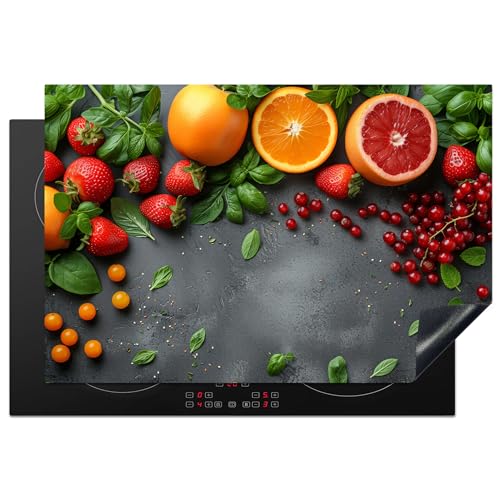 KitchenYeah© Herdabdeckplatte 78x52 cm Induktion Schutzmatte Küche Herdabdeckung Ceranfeld Induktionsmatte Cerankochfeld Abdeckung Obst - Beton - Orange - Erdbeere von KitchenYeah