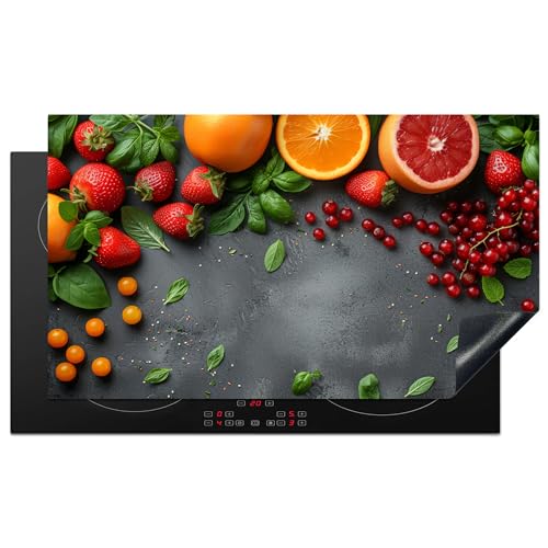 KitchenYeah© Herdabdeckplatte 90x52 cm Induktion Schutzmatte Küche Herdabdeckung Ceranfeld Induktionsmatte Cerankochfeld Abdeckung Obst - Beton - Orange - Erdbeere von KitchenYeah