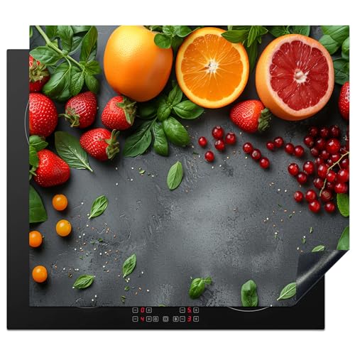 KitchenYeah© Herdabdeckplatte 57x51 cm Induktion Schutzmatte Küche Herdabdeckung Ceranfeld Induktionsmatte Cerankochfeld Abdeckung Obst - Beton - Orange - Erdbeere von KitchenYeah