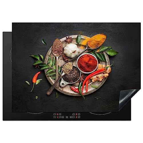 KitchenYeah© Herdabdeckplatte Einteilig Küche Abdeckplatten für Herd Abdeckung Induktionskochfeld Ceranfeld Aufrollbare Matte Gewürze - Paprika - Löffel - Kräuter - Gemüse - 75x52 cm von KitchenYeah