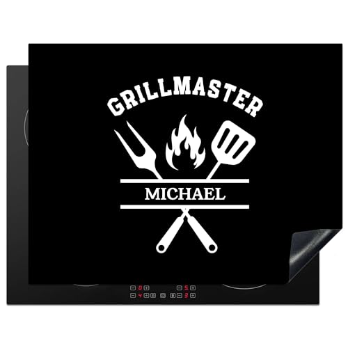 KitchenYeah© Herdabdeckplatte Personalisiert Einteilig Ceranfeld Abdeckplatte Küche Deko Ceranfeldabdeckung Anti Rutsch Matte Aufrollbar Grillmaster - Name - Besteck - Geschirr - 52L x 60B cm von KitchenYeah