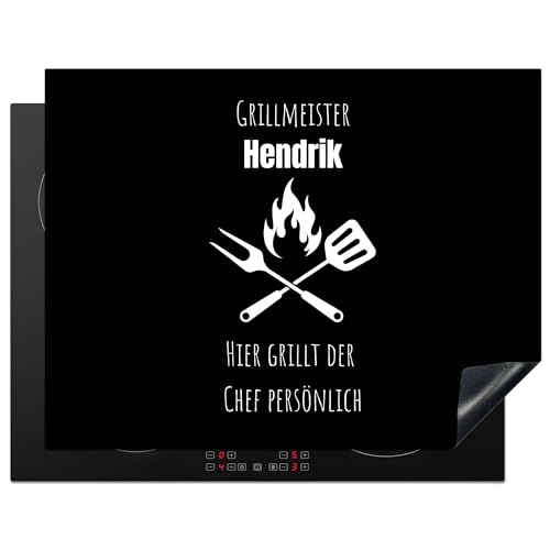KitchenYeah© Herdabdeckplatte Personalisiert Einteilig Küche Herdabdeckung Ceranfeld Herdabdeckplatten Anti Rutsch Matte Aufrollbar Grillmeister - Name - Feuer - Besteck - Geschirr - 52L x 59B cm von KitchenYeah