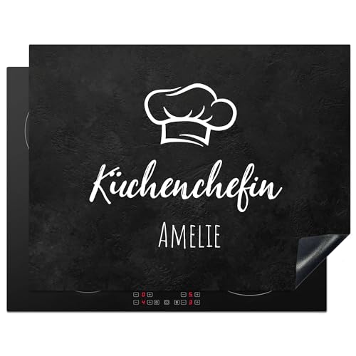 KitchenYeah© Herdabdeckplatte Personalisiert Einteilig Küche Herdabdeckung Ceranfeld Herdabdeckplatten Anti Rutsch Matte Aufrollbar Küchenchefin - Name - Kochmütze - Beton - Grau - 91.2x52 cm von KitchenYeah