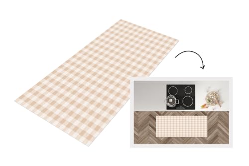 KitchenYeah© Küchenläufer 120x50 cm Antirutschmatte Küche Küchenmatte Kitchen Floor Mat Waschbar rutschfest Küchenbodenmatte Läufer Anti Rutsch Plaid - Muster - Quadrat - Beige von KitchenYeah