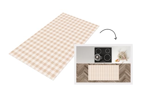 KitchenYeah© Küchenläufer 120x60 cm Antirutschmatte Küche Küchenmatte Kitchen Floor Mat Waschbar rutschfest Küchenbodenmatte Läufer Anti Rutsch Plaid - Muster - Quadrat - Beige von KitchenYeah