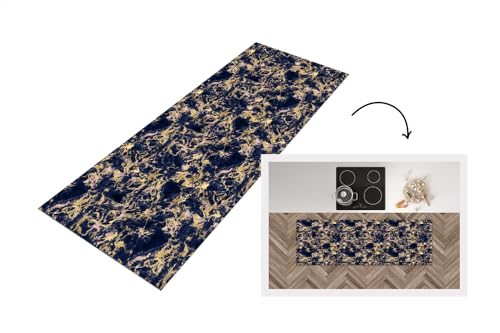 KitchenYeah© Küchenläufer 150x50 cm Anti Rutsch Matte Küche Küchenmatte Boden Kitchen Mat Läufer Waschbar rutschfest Waschbarer Waterproof Marmor - Marineblau - Gold - Rosa von KitchenYeah