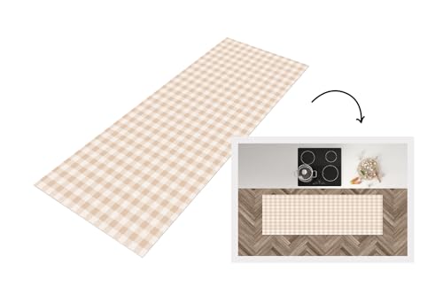 KitchenYeah© Küchenläufer 150x50 cm Antirutschmatte Küche Küchenmatte Kitchen Floor Mat Waschbar rutschfest Küchenbodenmatte Läufer Anti Rutsch Plaid - Muster - Quadrat - Beige von KitchenYeah