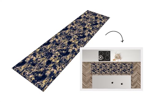 KitchenYeah© Küchenläufer 200x50 cm Anti Rutsch Matte Küche Küchenmatte Boden Kitchen Mat Läufer Waschbar rutschfest Waschbarer Waterproof Marmor - Marineblau - Gold - Rosa von KitchenYeah