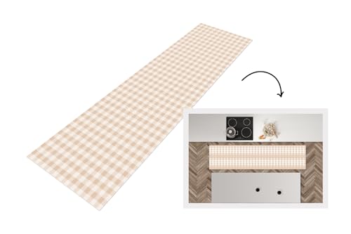 KitchenYeah© Küchenläufer 200x50 cm Antirutschmatte Küche Küchenmatte Kitchen Floor Mat Waschbar rutschfest Küchenbodenmatte Läufer Anti Rutsch Plaid - Muster - Quadrat - Beige von KitchenYeah