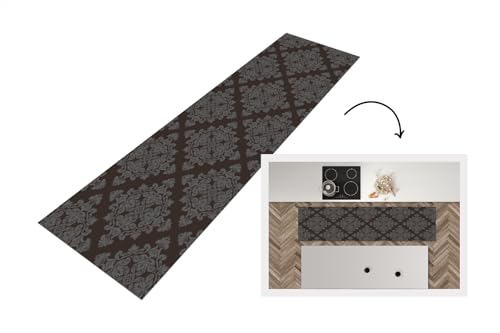 KitchenYeah© Küchenläufer 240x60 cm Antirutschmatte Küche Küchenmatte Kitchen Floor Mat Waschbar rutschfest Küchenbodenmatte Läufer Anti Rutsch Braun - Grau - Elegant - Muster von KitchenYeah