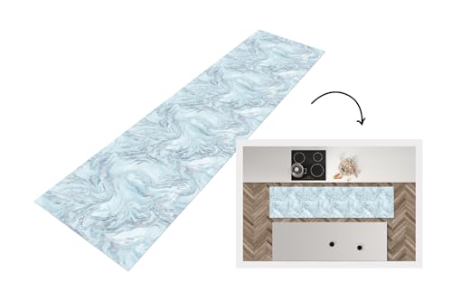 KitchenYeah© Küchenläufer 240x60 cm Antirutschmatte Küche Küchenmatte Kitchen Floor Mat Waschbar rutschfest Küchenbodenmatte Läufer Anti Rutsch Silber - Blau - Marmor - Muster von KitchenYeah