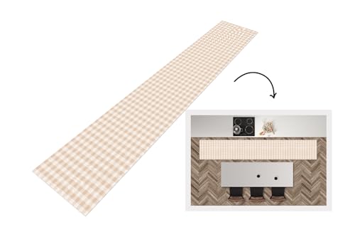 KitchenYeah© Küchenläufer 300x50 cm Antirutschmatte Küche Küchenmatte Kitchen Floor Mat Waschbar rutschfest Küchenbodenmatte Läufer Anti Rutsch Plaid - Muster - Quadrat - Beige von KitchenYeah