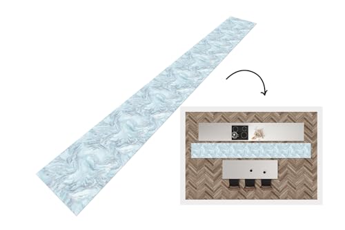 KitchenYeah© Küchenläufer 400x50 cm Antirutschmatte Küche Küchenmatte Kitchen Floor Mat Waschbar rutschfest Küchenbodenmatte Läufer Anti Rutsch Silber - Blau - Marmor - Muster von KitchenYeah