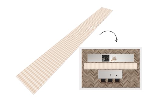 KitchenYeah© Küchenläufer 480x60 cm Antirutschmatte Küche Küchenmatte Kitchen Floor Mat Waschbar rutschfest Küchenbodenmatte Läufer Anti Rutsch Plaid - Muster - Quadrat - Beige von KitchenYeah