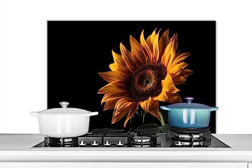 KitchenYeah© Küchenrückwand Platte Spritzschutz Küche Deko Aluminium Platte Spritzschutz Herd Alternative für GlasplatteBlumen - Botanik - Schwarz - Sonnenblume - Gelb - 90x60 cm von KitchenYeah