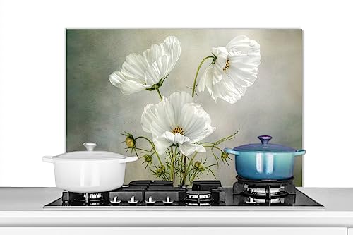 KitchenYeah© Küchenrückwand Platte Spritzschutz Küche Deko Aluminium Platte Spritzschutz Herd Alternative für Selbstklebende FolieBlumen - Mohn - Weiß - Botanik - Moderne - 80x55 cm von KitchenYeah