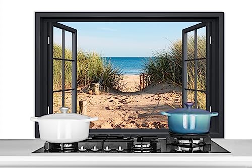 KitchenYeah© Küchenrückwand Platte Spritzschutz Küche Deko Aluminium Platte Spritzschutz Herd Alternative für GlasplatteDurchblick - Strand - See - Sand - Wasser - Strandhafer - Dune - 100x65 cm von KitchenYeah