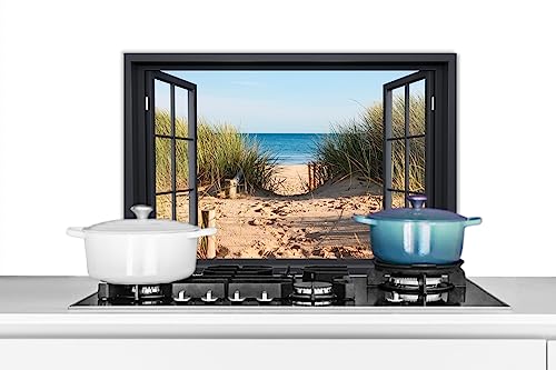 KitchenYeah© Küchenrückwand Platte Spritzschutz Küche Deko Aluminium Platte Spritzschutz Herd Alternative für GlasplatteDurchblick - Strand - See - Sand - Wasser - Strandhafer - Dune - 70x50 cm von KitchenYeah