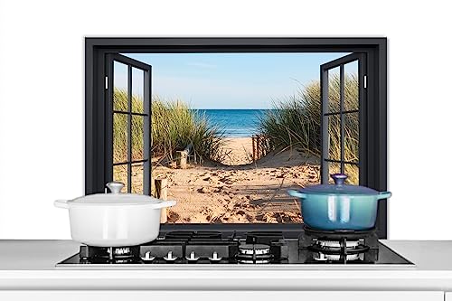 KitchenYeah© Küchenrückwand Platte Spritzschutz Küche Deko Aluminium Platte Spritzschutz Herd Alternative für GlasplatteDurchblick - Strand - See - Sand - Wasser - Strandhafer - Dune - 80x55 cm von KitchenYeah