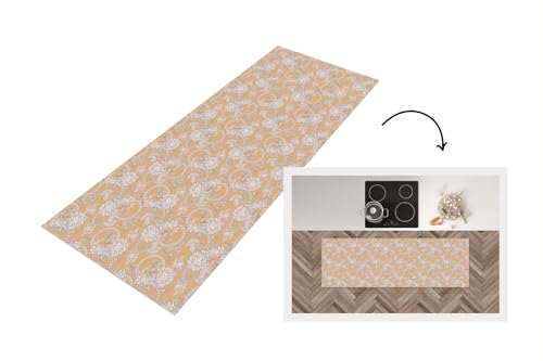 KitchenYeah© Läufer Küche 150x50 cm Küchenläufer Küchenmatte Waschbar rutschfest Kitchen Runner Antirutschmatten Matt Floor Waterproof Küchen Muster - Weiß - Blumen - Gelb von KitchenYeah