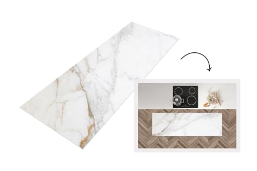 KitchenYeah© Läufer Küche 180x60 cm Küchenläufer Küchenmatte Waschbar rutschfest Kitchen Runner Antirutschmatten Matt Floor Waterproof Küchen Marmor - Stein - Weiß - Gold - Stein - Luxus von KitchenYeah