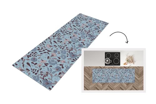 KitchenYeah© Läufer Küche 180x60 cm Küchenläufer Küchenmatte Waschbar rutschfest Kitchen Runner Antirutschmatten Matt Floor Waterproof Küchen Muster - Blume - Grau - Blau von KitchenYeah