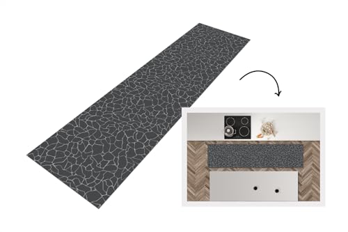 KitchenYeah© Läufer Küche 200x50 cm Küchenläufer Küchenmatte Waschbar rutschfest Kitchen Runner Antirutschmatten Matt Floor Waterproof Küchen Design - Geometrie - Schwarz von KitchenYeah