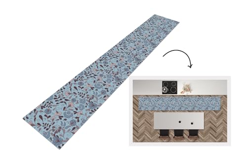 KitchenYeah© Läufer Küche 360x60 cm Küchenläufer Küchenmatte Waschbar rutschfest Kitchen Runner Antirutschmatten Matt Floor Waterproof Küchen Muster - Blume - Grau - Blau von KitchenYeah